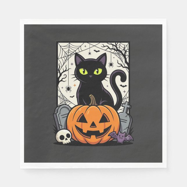 Halloween Svart Katt Pumpa Vektor Design Pappersservett (Framsidan)