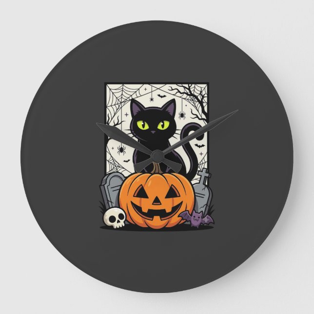 Halloween Svart Katt Pumpa Vektor Design Stor Klocka (Framsida)