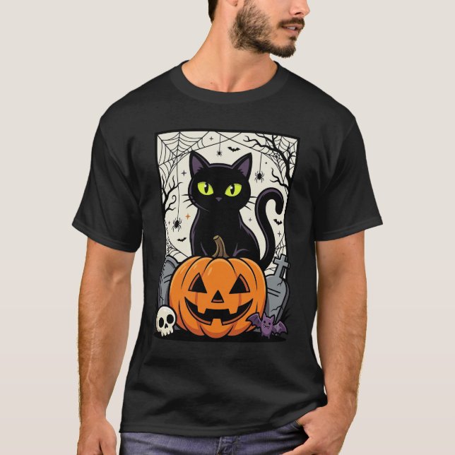 Halloween Svart Katt Pumpa Vektor Design T Shirt (Framsida)