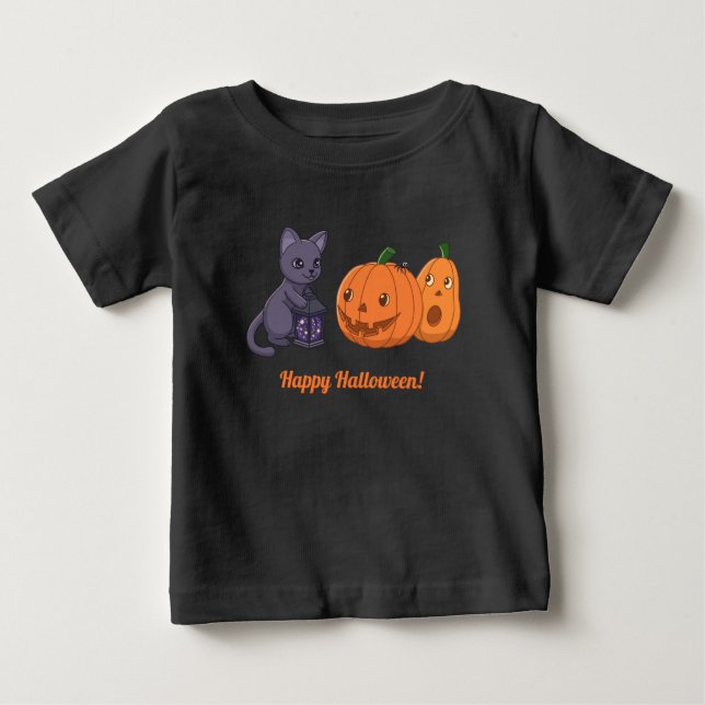 Halloween svart katt, pumpor, magisk lykta  t shirt (Framsida)