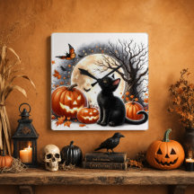 Halloween svart katt & pumpor Rustik Amber