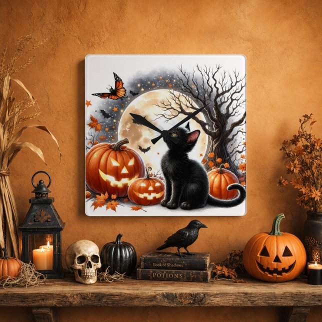 Halloween svart katt & pumpor Rustik Amber  Fyrkantig Klocka (Skapare uppladdad)