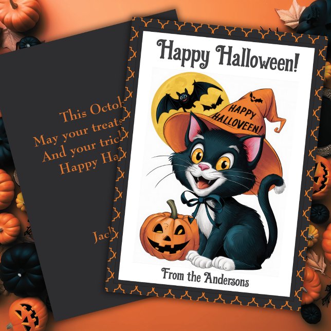 Halloween Svart Katt Söt Anpassad Julkort (Witchy Black Cat Cute Custom Halloween Holiday Card)