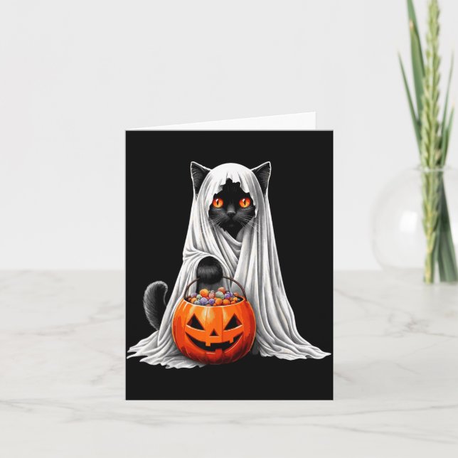 Halloween Svart Katt Spök Kostym Pumpa Kort (Framsida)