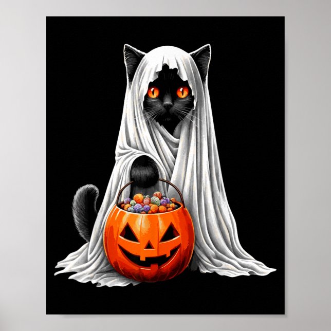 Halloween Svart Katt Spöke Kostym Pumpa Poster (Framsidan)