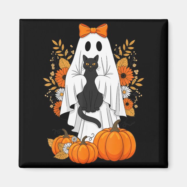 Halloween Svart Katt Spöke Pumpa Söt Höst Magnet (Framsidan)