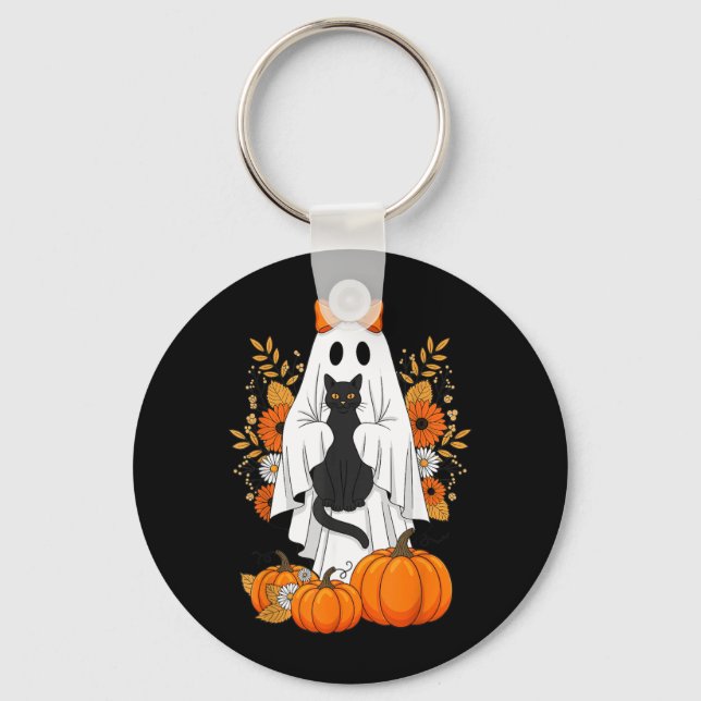 Halloween Svart Katt Spöke Pumpa Söt Höst Nyckelring (Framsida)