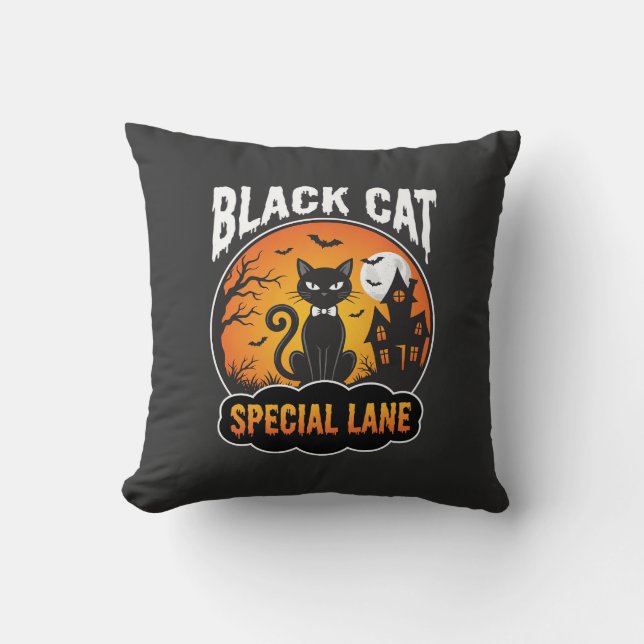 Halloween Svart Katt Spökhus Mån Design Kudde (Framsida)
