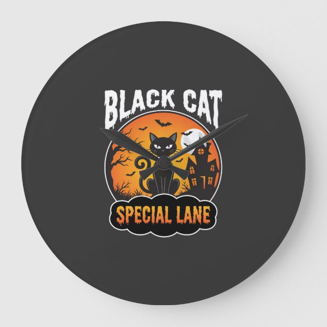 Halloween Svart Katt Spökhus Mån Design Stor Klocka (Framsida)