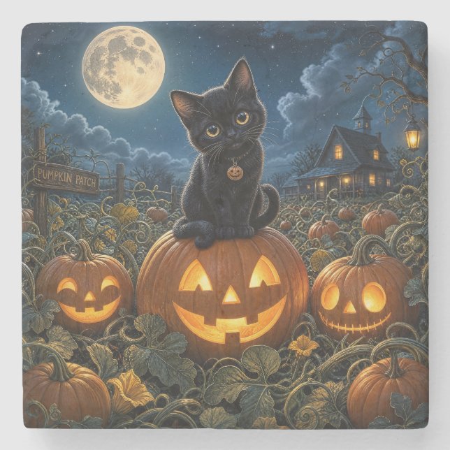 Halloween Svart Katt Stenunderlägg (Framsidan)