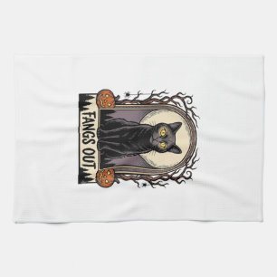 Halloween Svart Katt Tröja Vintage Fangs Design_1 Kökshandduk