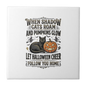 Halloween Svart Katt Tröja Vintage Pumpa Gravyr Kakelplatta