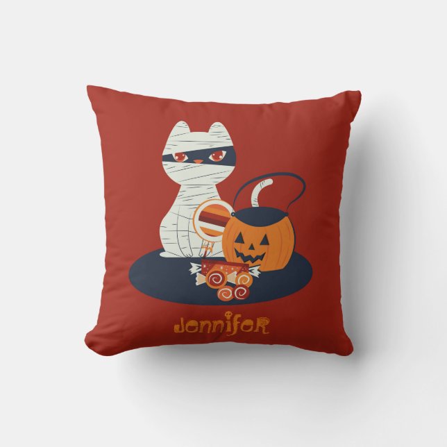 Halloween svart katt utklädd till mumie kudde (Framsida)