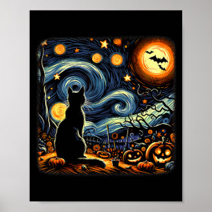 Halloween Svart Katt Van Gogh Stjärnklar Natt Katt Poster