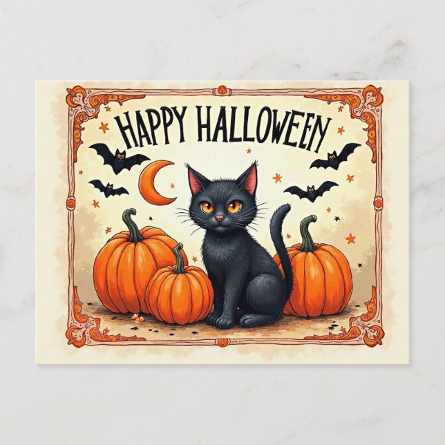 Halloween Svart Katt Vykort (Framsida)