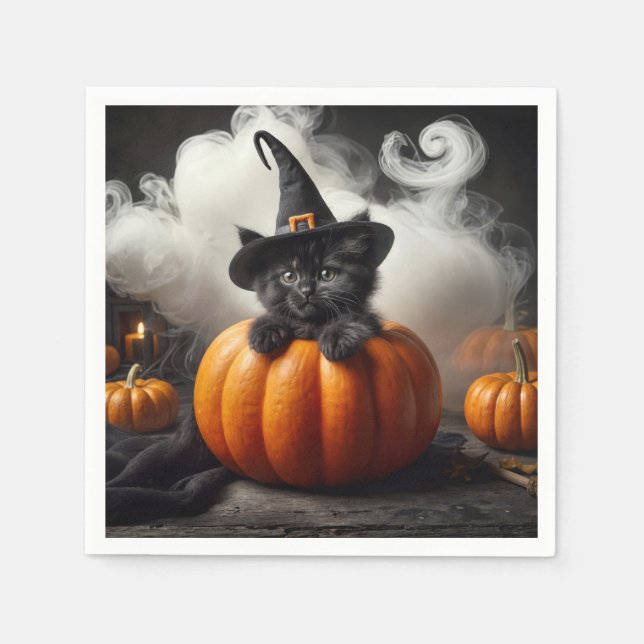 Halloween Svart Kittel i Pumpa Pappersservett (Framsidan)