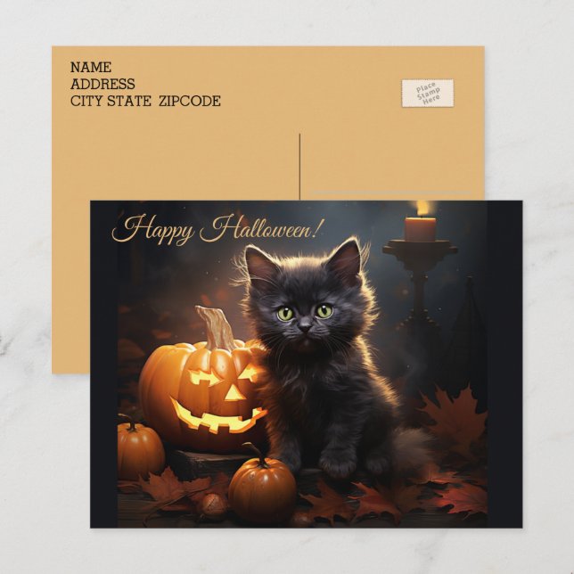 Halloween Svart Kitty Katt, Jack o Lantern Pumpa Vykort (Fram/baksida)