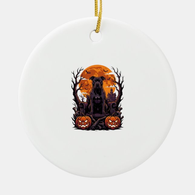 Halloween Svart Pitbull Tron Pumpa Fullmåne_ Julgransprydnad Keramik (Framsidan)
