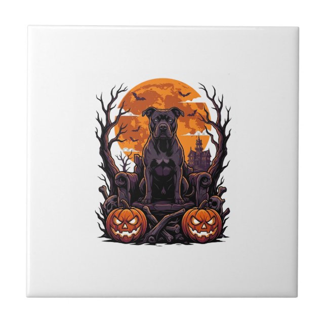 Halloween Svart Pitbull Tron Pumpa Fullmåne_ Kakelplatta (Framsidan)