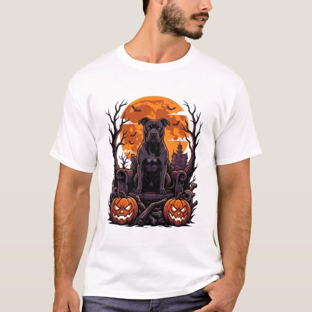 Halloween Svart Pitbull Tron Pumpa Fullmåne_ T Shirt (Framsida)
