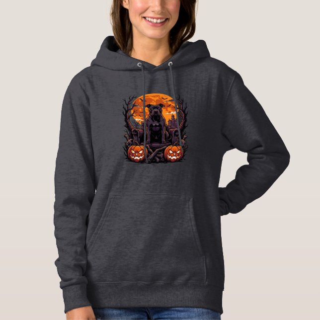 Halloween Svart Pitbull Tron Pumpa Fullmåne_ T Shirt (Framsida)