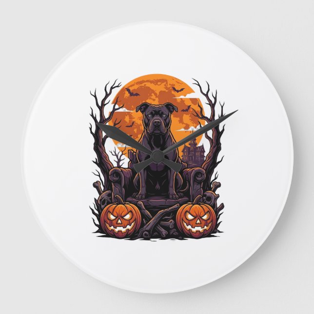 Halloween Svart Pitbull Trone Pumpa Fullmåne_ Stor Klocka (Framsida)