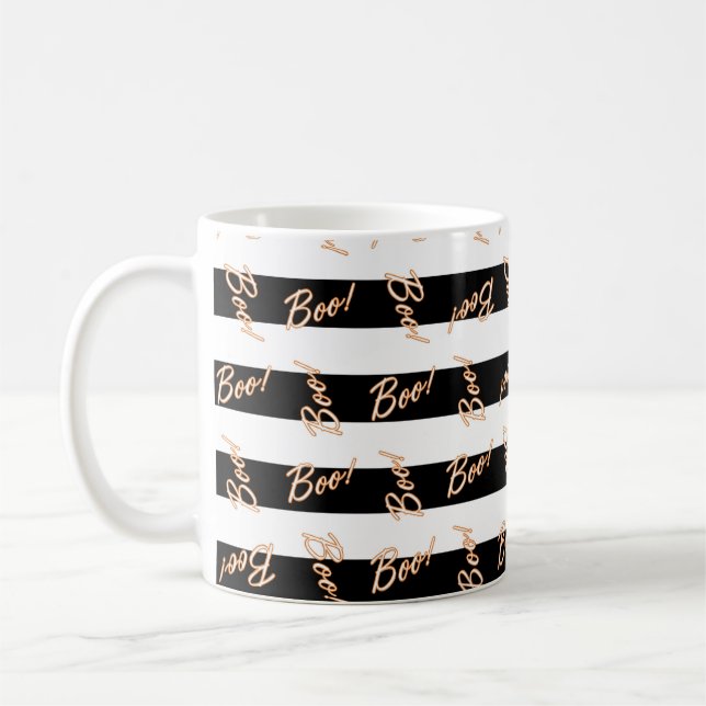 Halloween Svart & Vit Randig BOO Kaffe Mugg (Vänster)