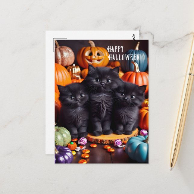 Halloween Svarta Katter med Pumpa och Godis Vykort (Fram/Back In Situ)