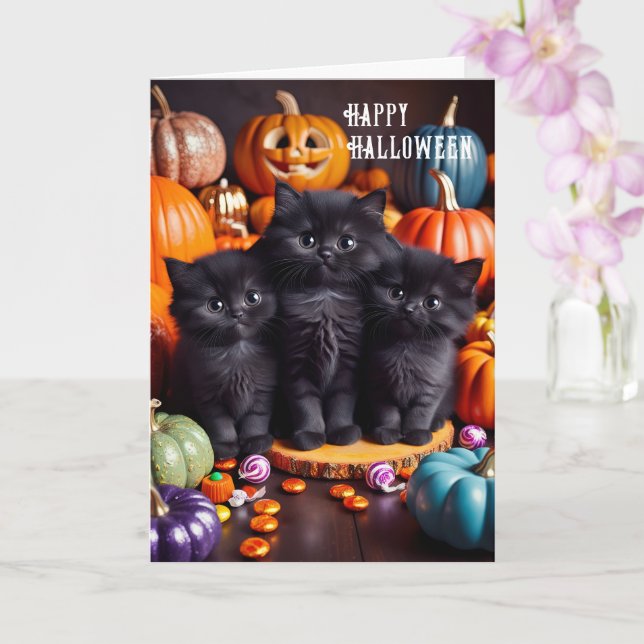 Halloween Svarta katter med Pumpkins och Candy Kort (Orkide)
