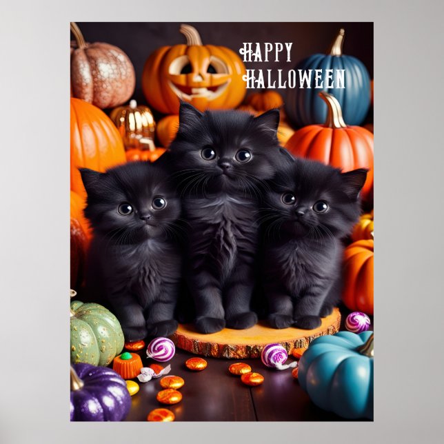 Halloween Svarta katter med Pumpkins och Candy Poster (Framsidan)