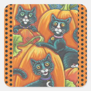 HALLOWEEN SVARTA KATTER & MOUSE STICKERS LAKAN Squ Fyrkantigt Klistermärke