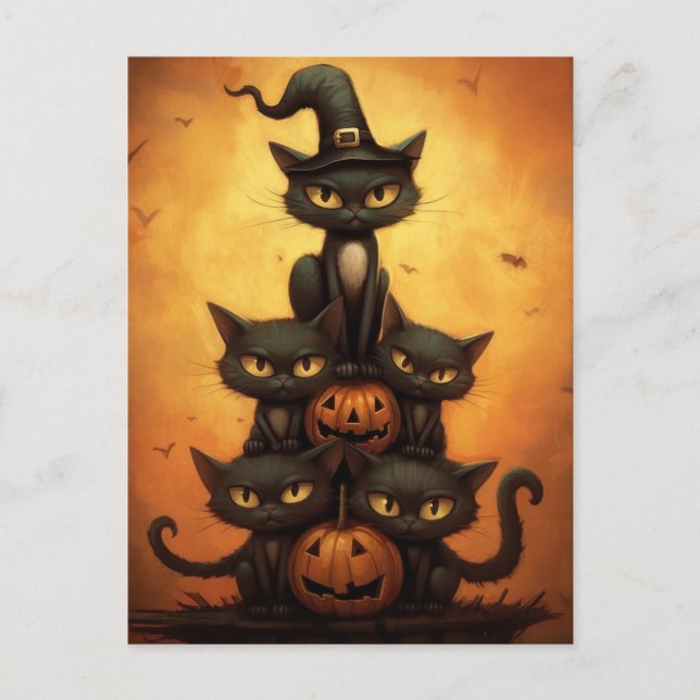 Halloween Svarta katter Sitta på Pumpkins. Vykort (Framsida)