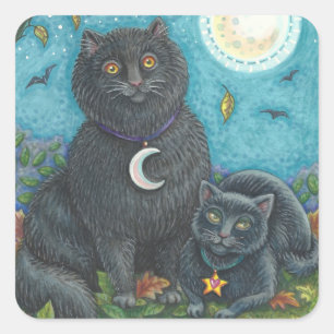 HALLOWEEN SVARTA KATTER STICKERS LAKAN Square Fyrkantigt Klistermärke