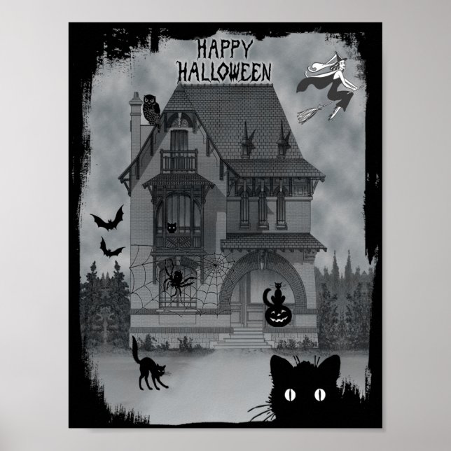 Halloween Svarta katter Witches och Fladdermöss Poster (Framsidan)