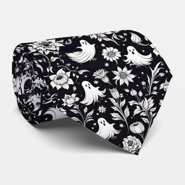 Halloween Svarta & Vita Spöken Blommig Slips (Rullad)