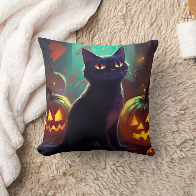 Halloween Svartvit Katt Med Pumpa Skräck Kudde (Filt)