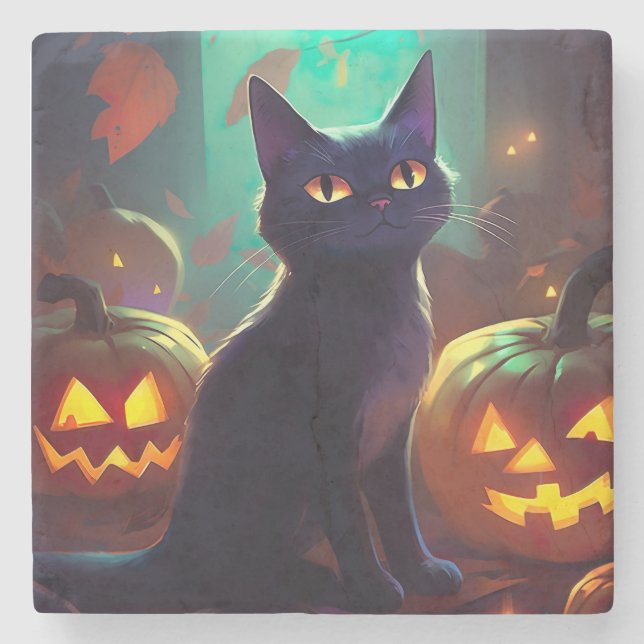 Halloween Svartvit Katt Med Pumpa Skräck Stenunderlägg (Framsidan)
