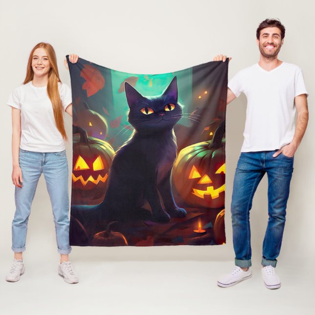 Halloween Svartvit Katt Med Pumpor Skräck Fleecefilt (På plats)