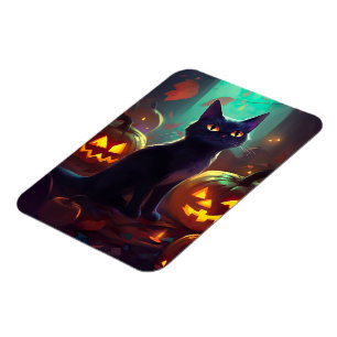 Halloween Svartvit Katt Med Pumpor Skräck Magnet