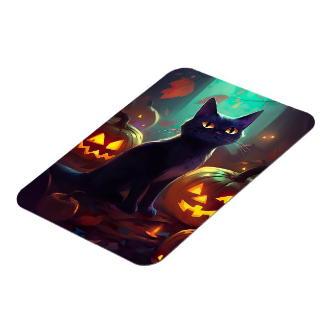 Halloween Svartvit Katt Med Pumpor Skräck Magnet (Vänstra Sidan)