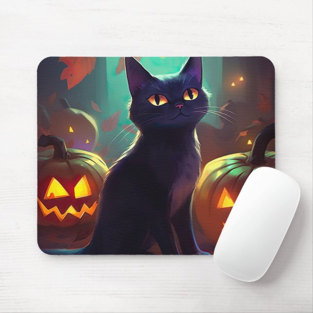 Halloween Svartvit Katt Med Pumpor Skräck Musmatta (Med mus)