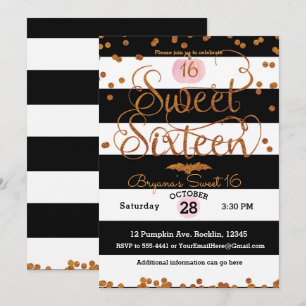 Halloween Sweet 16 Födelsedagsfest Svart Vit Rosa Inbjudningar