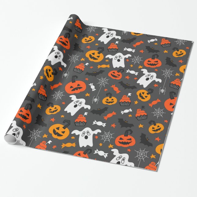 Halloween-symboler mönster presentpapper (Utrullad)