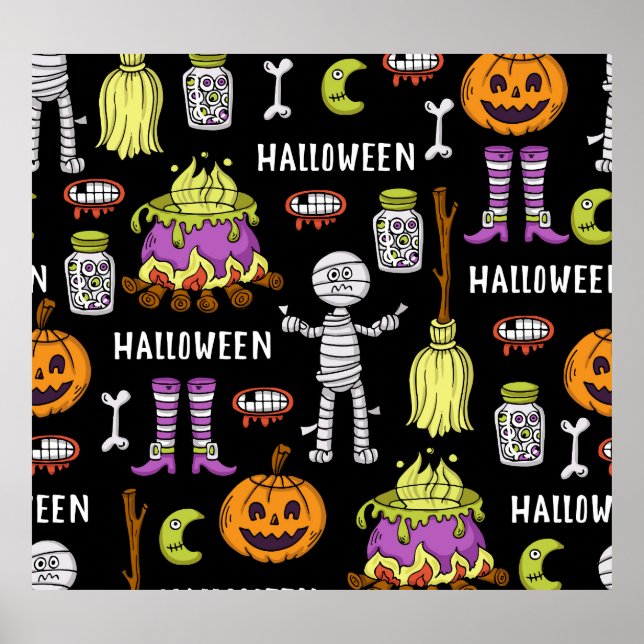 Halloween-symboler, vintage, sömlöst tema poster (Framsidan)