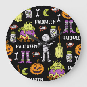 Halloween-symboler, vintage sömlöst tema stor klocka