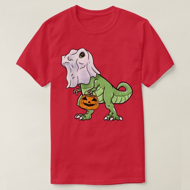 Halloween T Rex Dinosaur Ghost Bus eller godis för T Shirt (Design framsida)