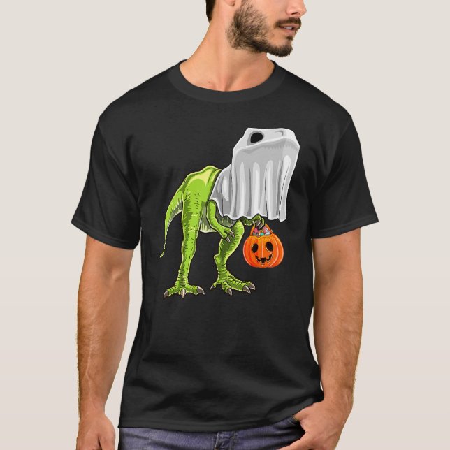 Halloween T Rex Dinosaur Ghost Trick or Treat Gift T Shirt (Framsida)