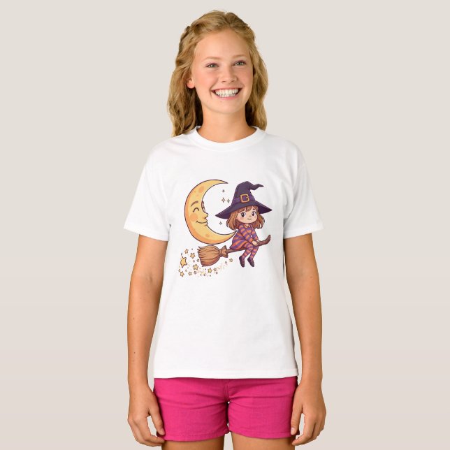 Halloween T-Shirt för Barn med Liten Häxa och Måne (Hel framsida)