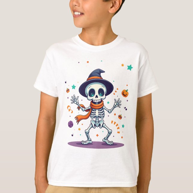 Halloween T-Shirt med Dansande Skelettbarn Kul (Framsida)