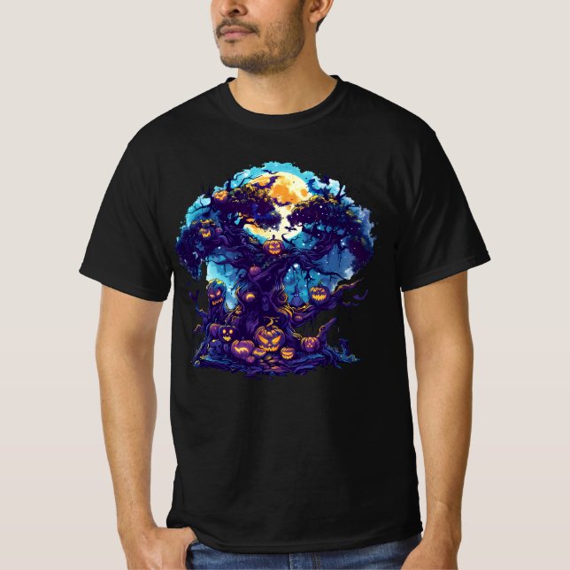 Halloween T-Shirt med Hemsökt Pumpa Träd (Framsida)